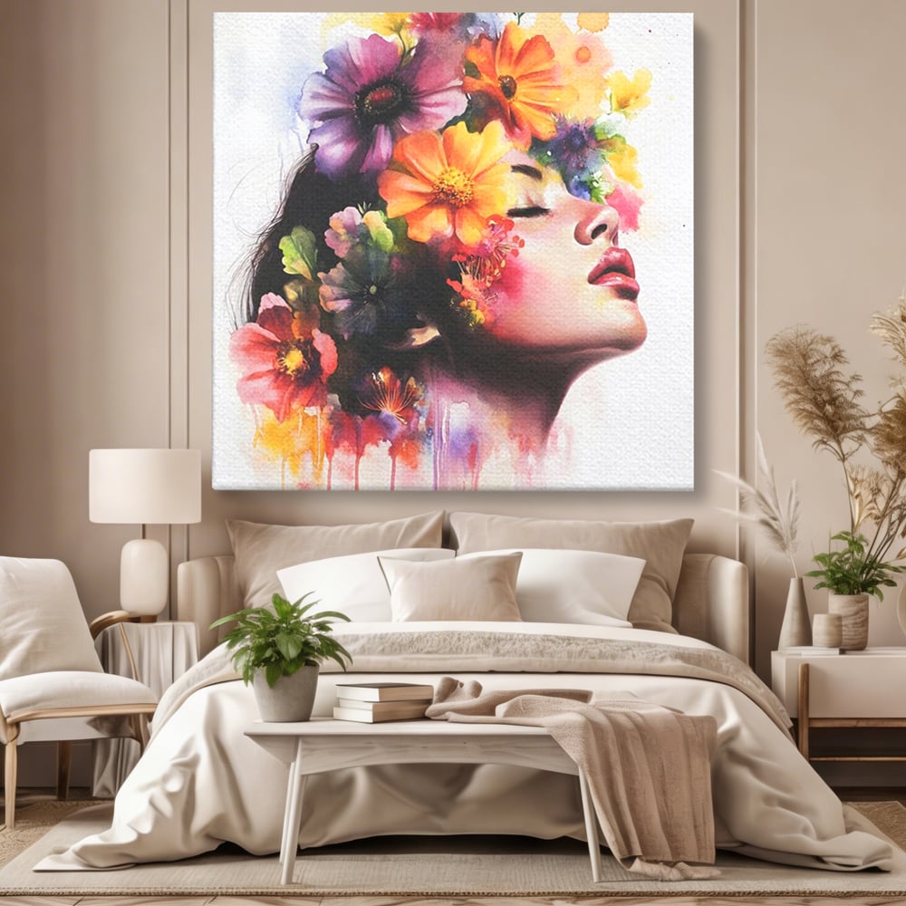 Tablou canvas cu pictura profil femeie cu flori, fara rama, pe sasiu de lemn, pe perete intr-un dormitor